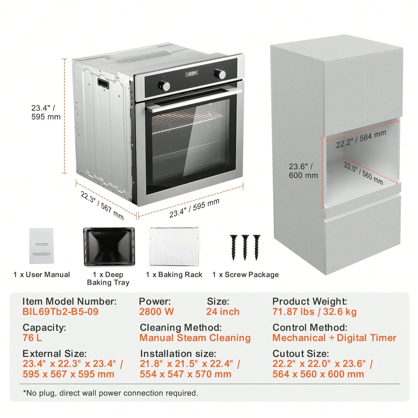 Single Wall Oven, 24" Electric Built-In Wall Oven With 9 Cooking Functions, 2.68 Cu.Ft Electric Wall Ovens With Timer, 2800W Electric Oven With Baking Rack And Tray, For Kitchen