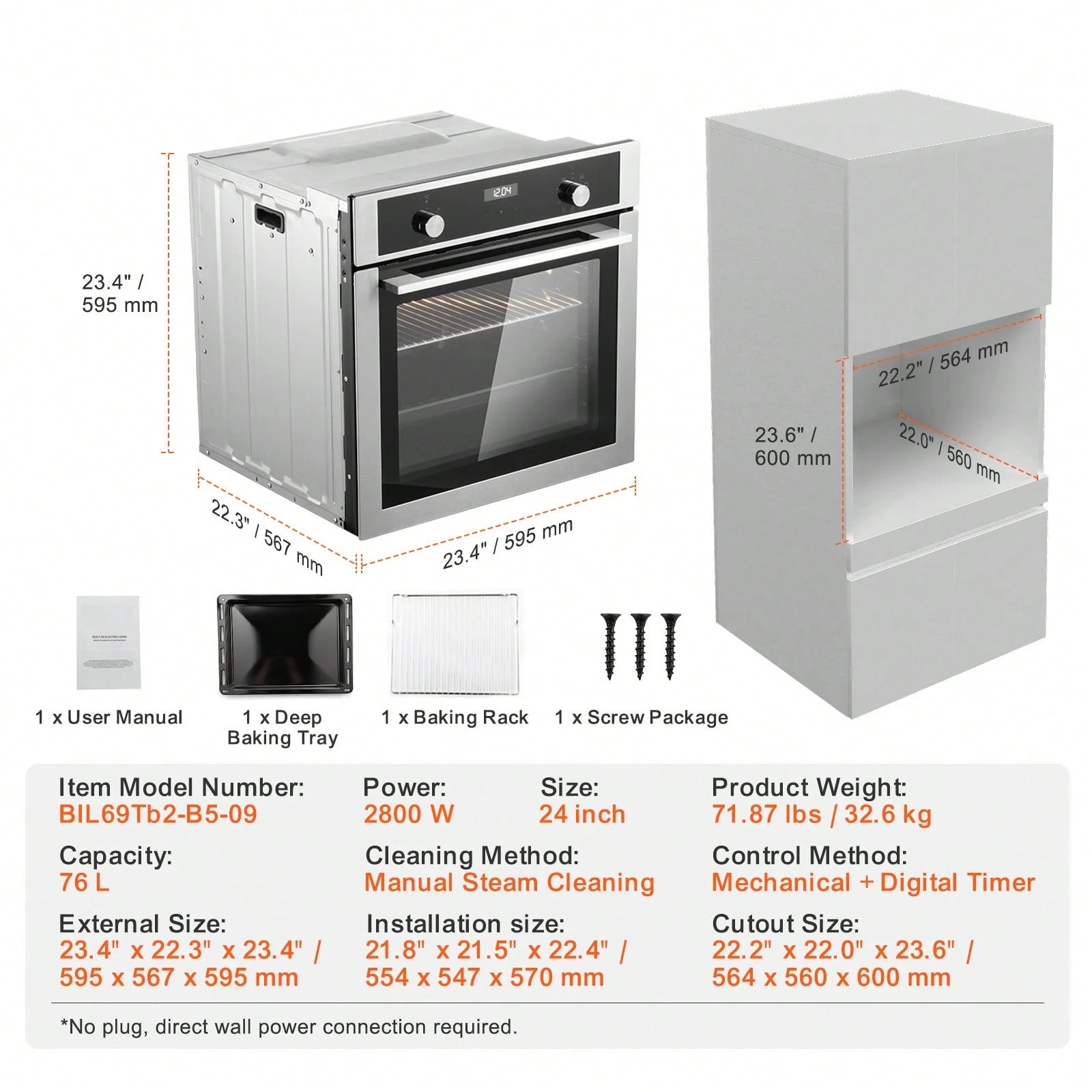 Single Wall Oven, 24" Electric Built-In Wall Oven With 9 Cooking Functions, 2.68 Cu.Ft Electric Wall Ovens With Timer, 2800W Electric Oven With Baking Rack And Tray, For Kitchen