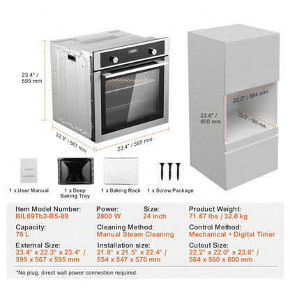 Single Wall Oven, 24" Electric Built-In Wall Oven With 9 Cooking Functions, 2.68 Cu.Ft Electric Wall Ovens With Timer, 2800W Electric Oven With Baking Rack And Tray, For Kitchen