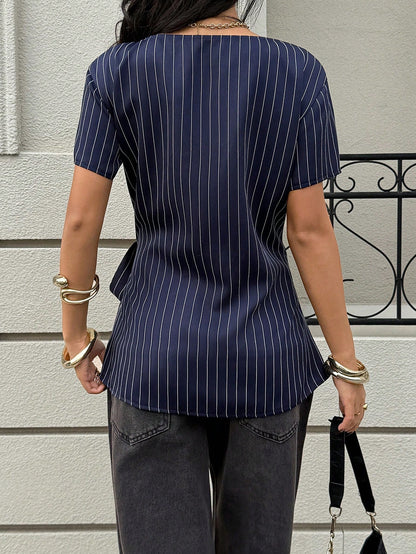 Siren Gaze Asymmetrical Side Tie Design Navy Blue Striped Short Sleeve Shirt Elegant Women Blouse Dark Wrap Tops For Business Casual Teachers' Day Office Summer