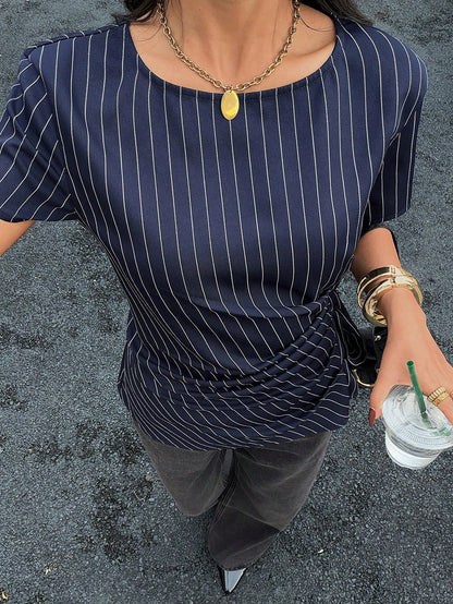 Siren Gaze Asymmetrical Side Tie Design Navy Blue Striped Short Sleeve Shirt Elegant Women Blouse Dark Wrap Tops For Business Casual Teachers' Day Office Summer