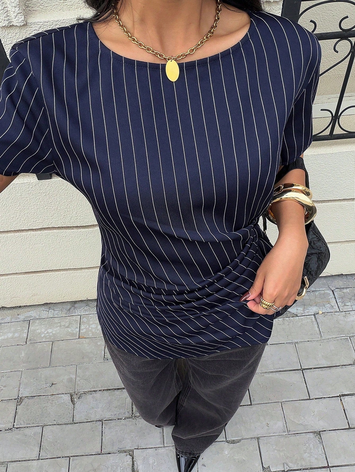 Siren Gaze Asymmetrical Side Tie Design Navy Blue Striped Short Sleeve Shirt Elegant Women Blouse Dark Wrap Tops For Business Casual Teachers' Day Office Summer