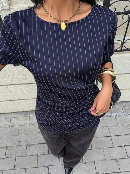 Siren Gaze Asymmetrical Side Tie Design Navy Blue Striped Short Sleeve Shirt Elegant Women Blouse Dark Wrap Tops For Business Casual Teachers' Day Office Summer