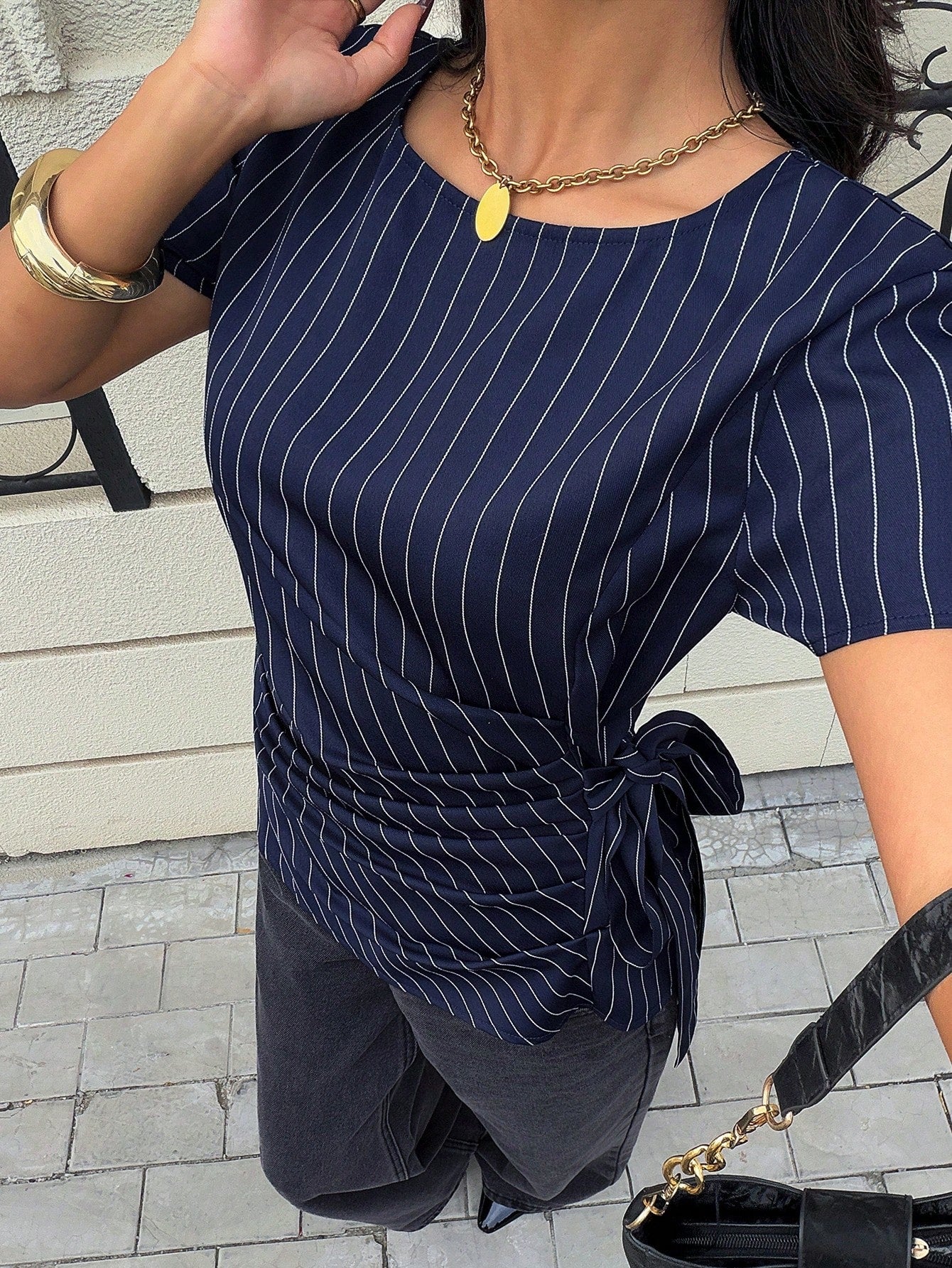 Siren Gaze Asymmetrical Side Tie Design Navy Blue Striped Short Sleeve Shirt Elegant Women Blouse Dark Wrap Tops For Business Casual Teachers' Day Office Summer