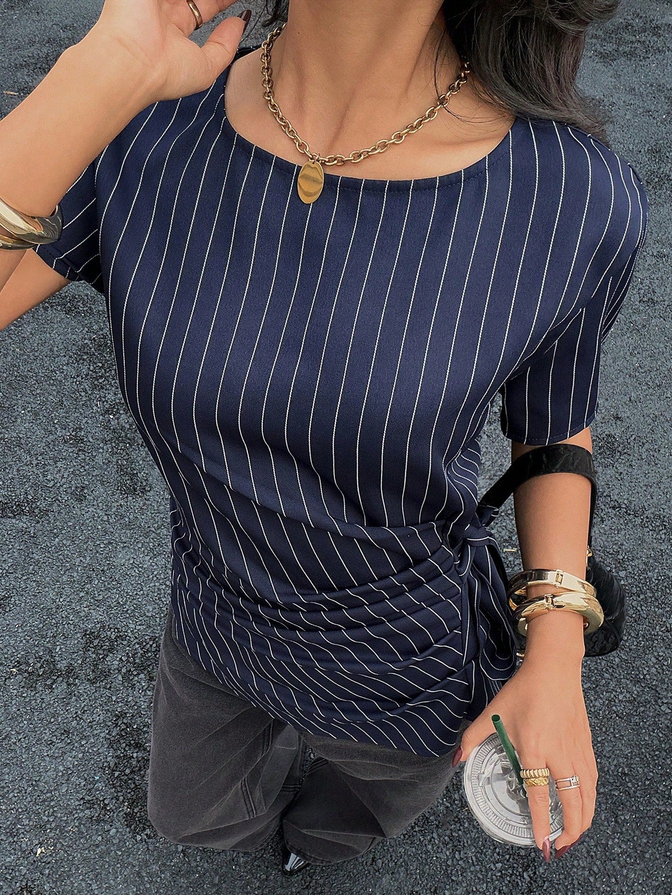 Siren Gaze Asymmetrical Side Tie Design Navy Blue Striped Short Sleeve Shirt Elegant Women Blouse Dark Wrap Tops For Business Casual Teachers' Day Office Summer
