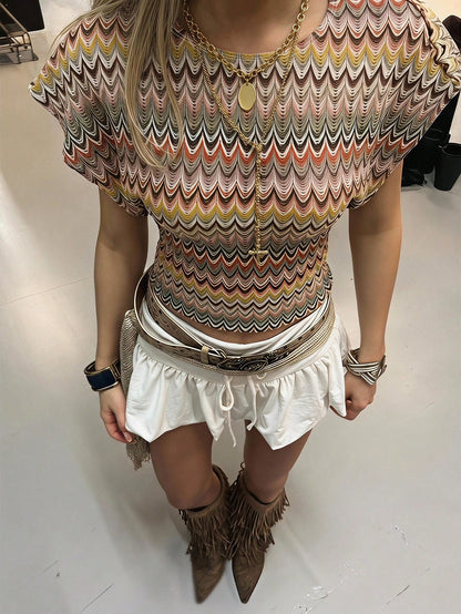 Siren Gaze Chic Boho Striped Beige Knit Hollow Out Tee Summer Vacation
