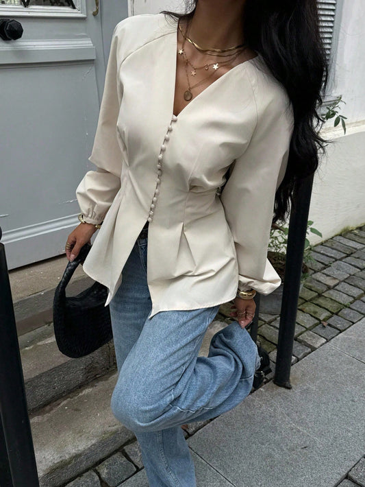 Siren Gaze Elegant Solid Color Waist Cinching Shirt, Autumn New Arrival Winter,Fall,Fall Clothes For Women Casual Spring
