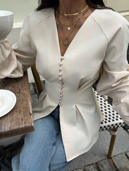 Siren Gaze Elegant Solid Color Waist Cinching Shirt, Autumn New Arrival Winter,Fall,Fall Clothes For Women Casual Spring