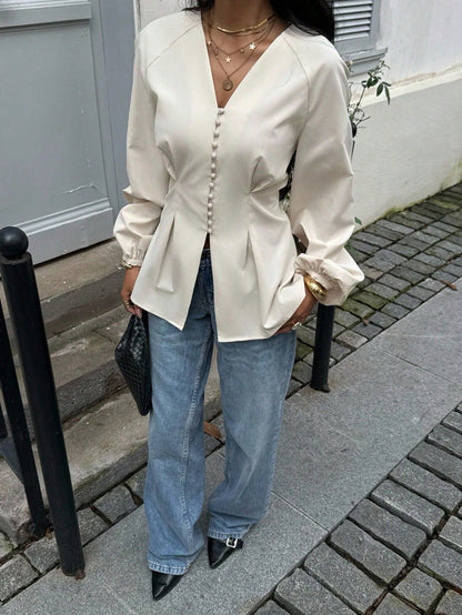 Siren Gaze Elegant Solid Color Waist Cinching Shirt, Autumn New Arrival Winter,Fall,Fall Clothes For Women Casual Spring