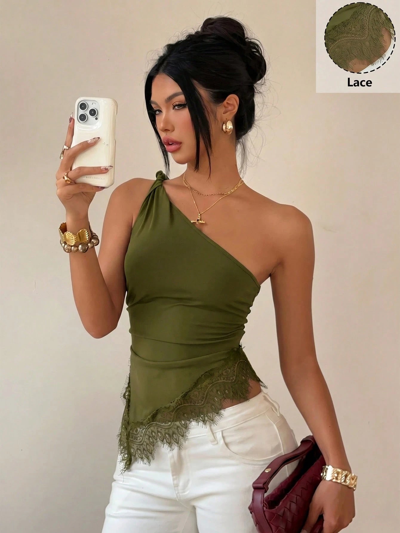 Siren Gaze Lace Patchwork Twist Knot One Shoulder Top, Elegant Fitted Women's Blouse, Carnival Casual Summer Crop Cold-Shoulder, Backless, Party, Music Festival