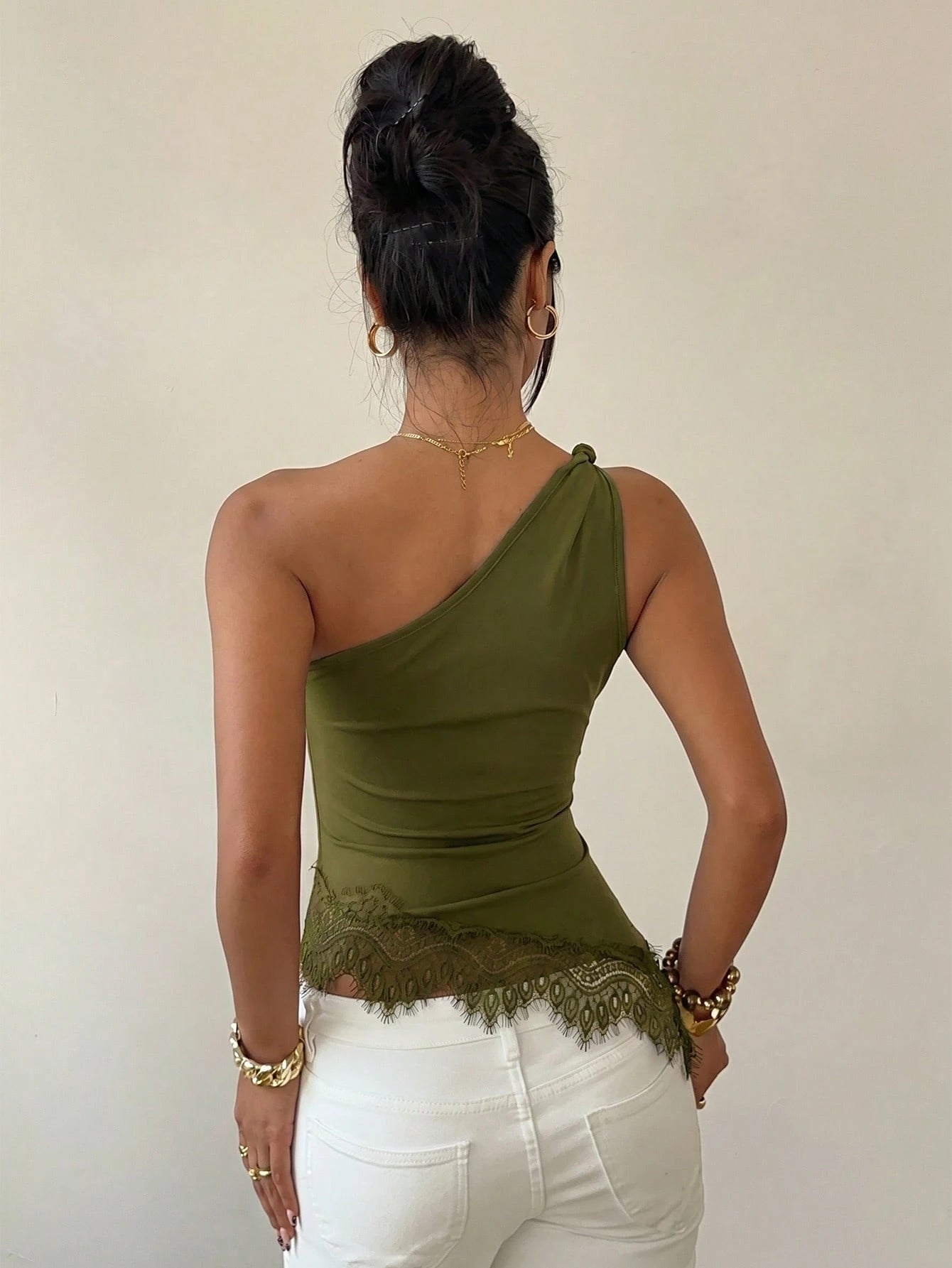 Siren Gaze Lace Patchwork Twist Knot One Shoulder Top, Elegant Fitted Women's Blouse, Carnival Casual Summer Crop Cold-Shoulder, Backless, Party, Music Festival