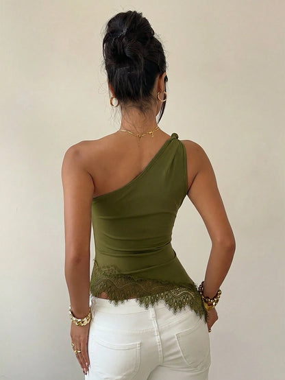 Siren Gaze Lace Patchwork Twist Knot One Shoulder Top, Elegant Fitted Women's Blouse, Carnival Casual Summer Crop Cold-Shoulder, Backless, Party, Music Festival