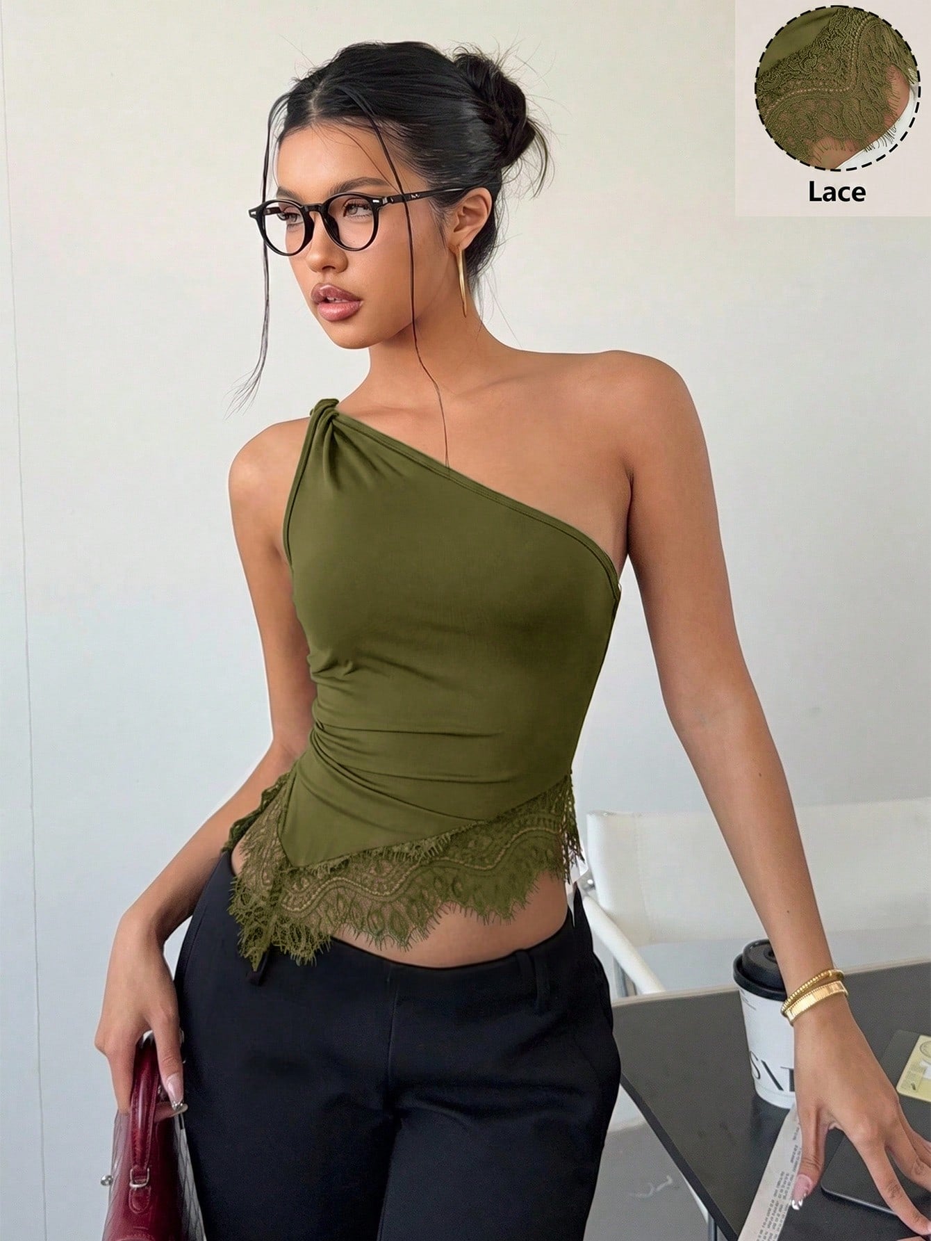 Siren Gaze Lace Patchwork Twist Knot One Shoulder Top, Elegant Fitted Women's Blouse, Carnival Casual Summer Crop Cold-Shoulder, Backless, Party, Music Festival