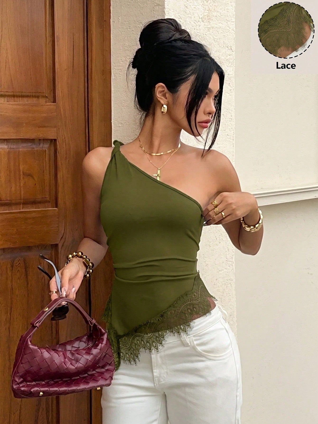 Siren Gaze Lace Patchwork Twist Knot One Shoulder Top, Elegant Fitted Women's Blouse, Carnival Casual Summer Crop Cold-Shoulder, Backless, Party, Music Festival