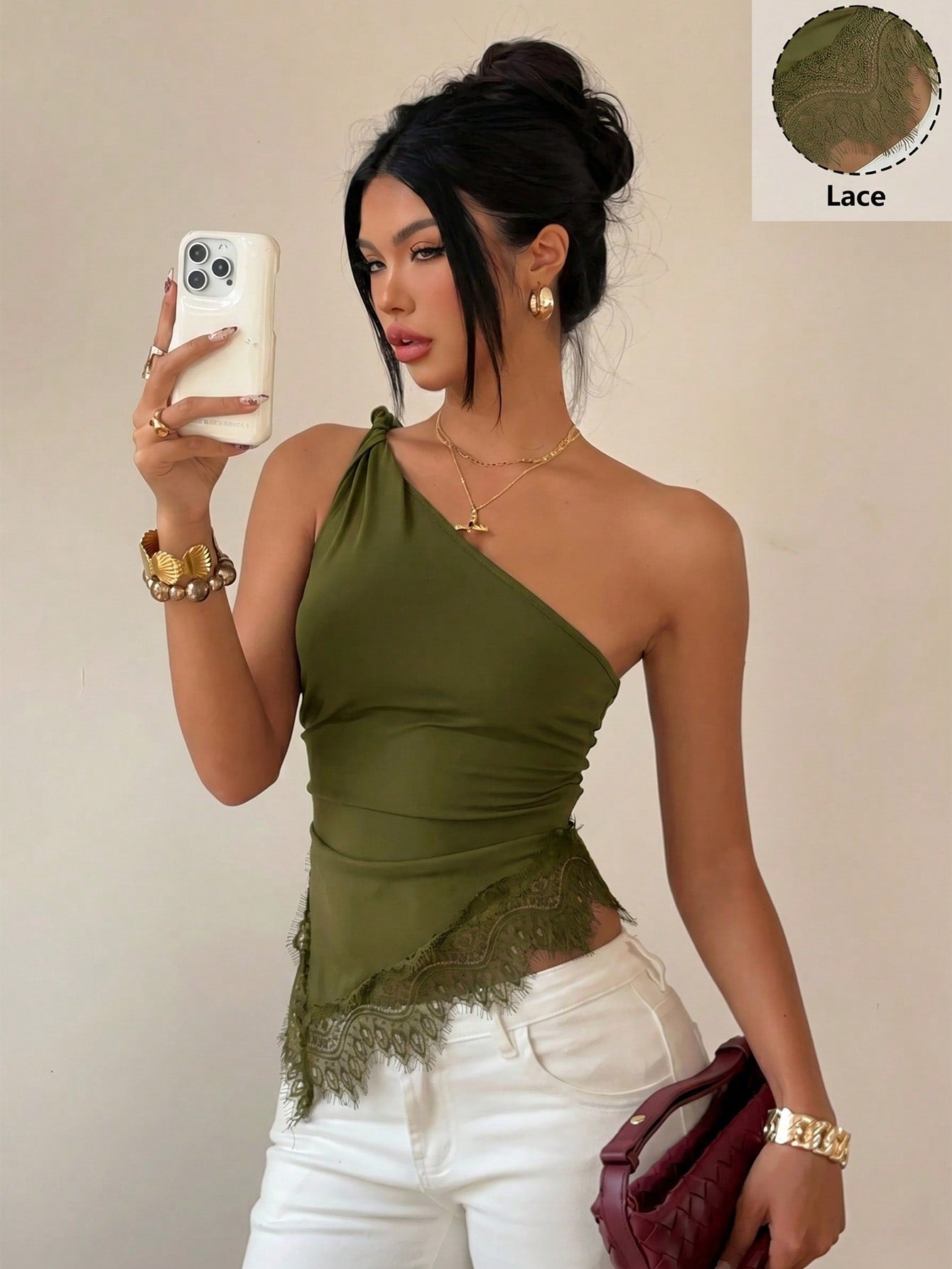 Siren Gaze Lace Patchwork Twist Knot One Shoulder Top, Elegant Fitted Women's Blouse, Carnival Casual Summer Crop Cold-Shoulder, Backless, Party, Music Festival