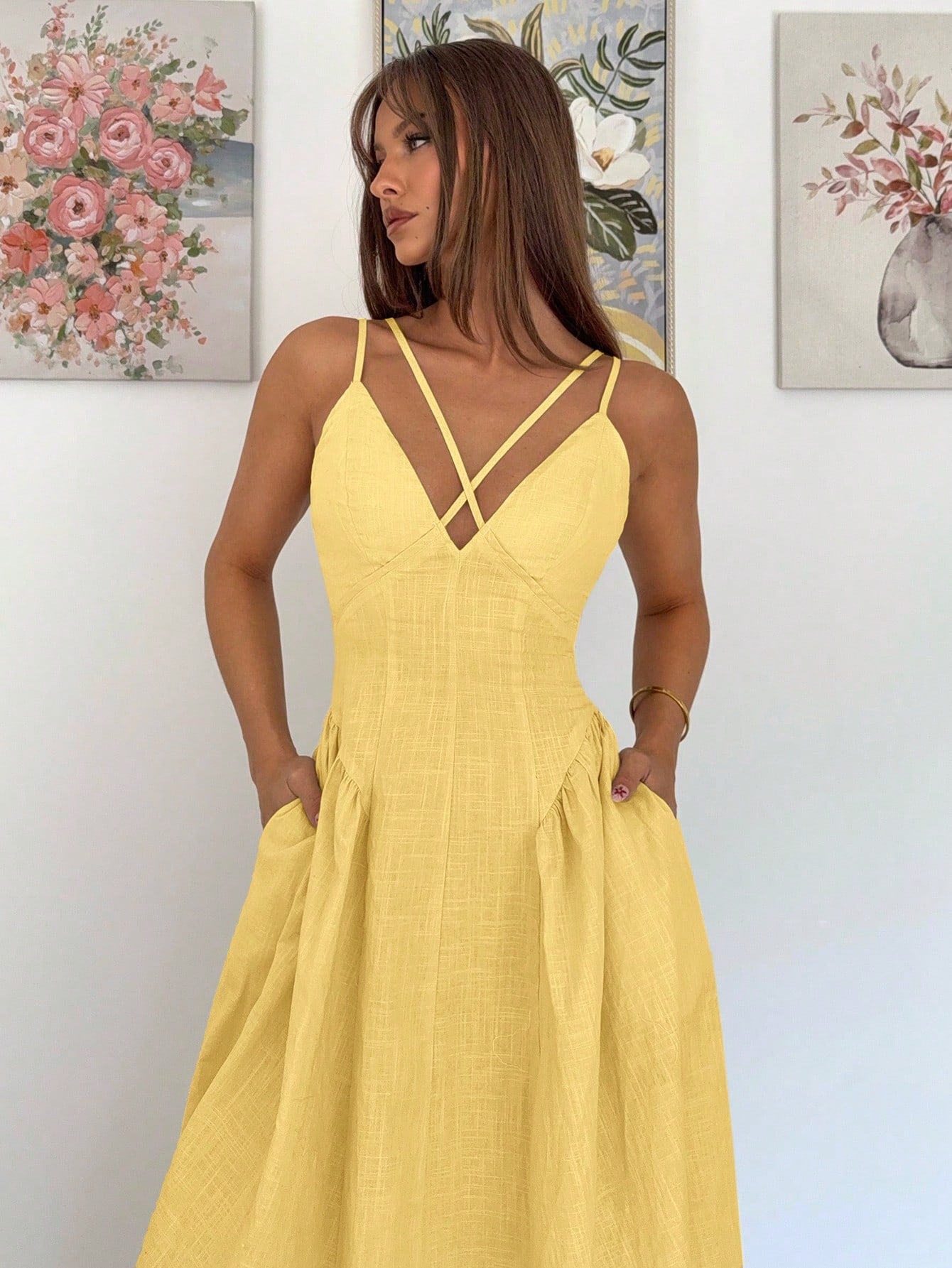Siren Gaze Pale Yellow Summer Casual Holiday Vacation Women's Elegant Crossover Ruffle A-Line Long Dress,Old Money Style Teacher Outfits Wedding Guest