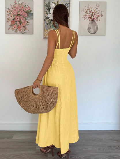 Siren Gaze Pale Yellow Summer Casual Holiday Vacation Women's Elegant Crossover Ruffle A-Line Long Dress,Old Money Style Teacher Outfits Wedding Guest