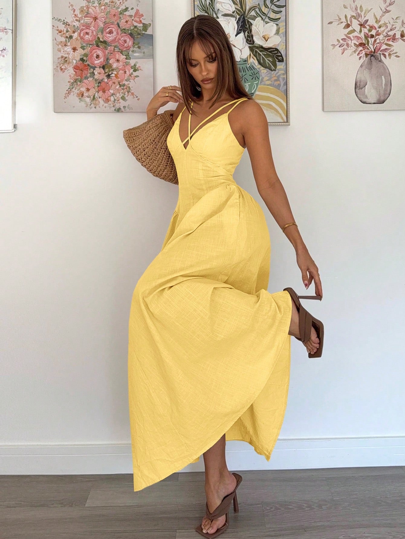 Siren Gaze Pale Yellow Summer Casual Holiday Vacation Women's Elegant Crossover Ruffle A-Line Long Dress,Old Money Style Teacher Outfits Wedding Guest