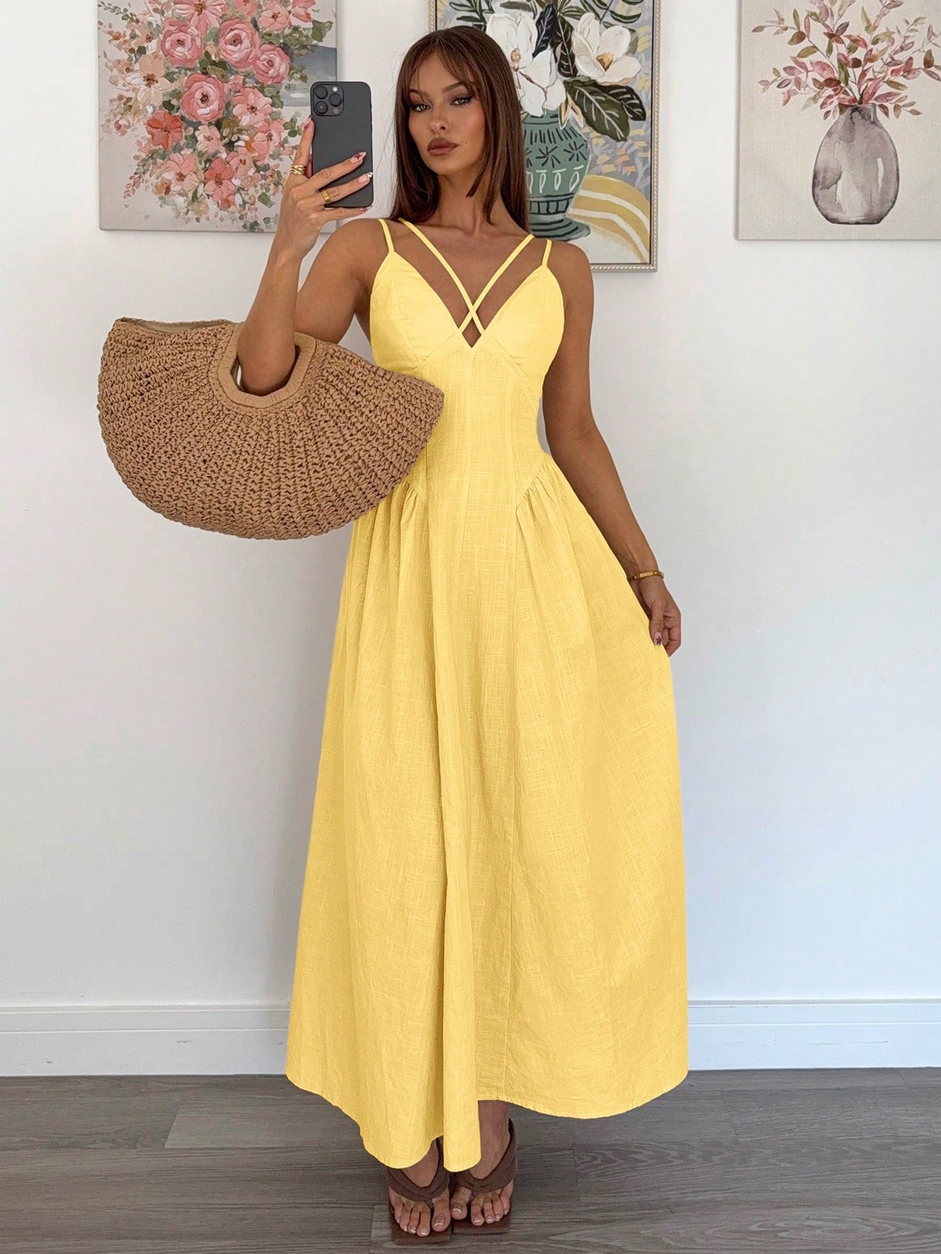 Siren Gaze Pale Yellow Summer Casual Holiday Vacation Women's Elegant Crossover Ruffle A-Line Long Dress,Old Money Style Teacher Outfits Wedding Guest