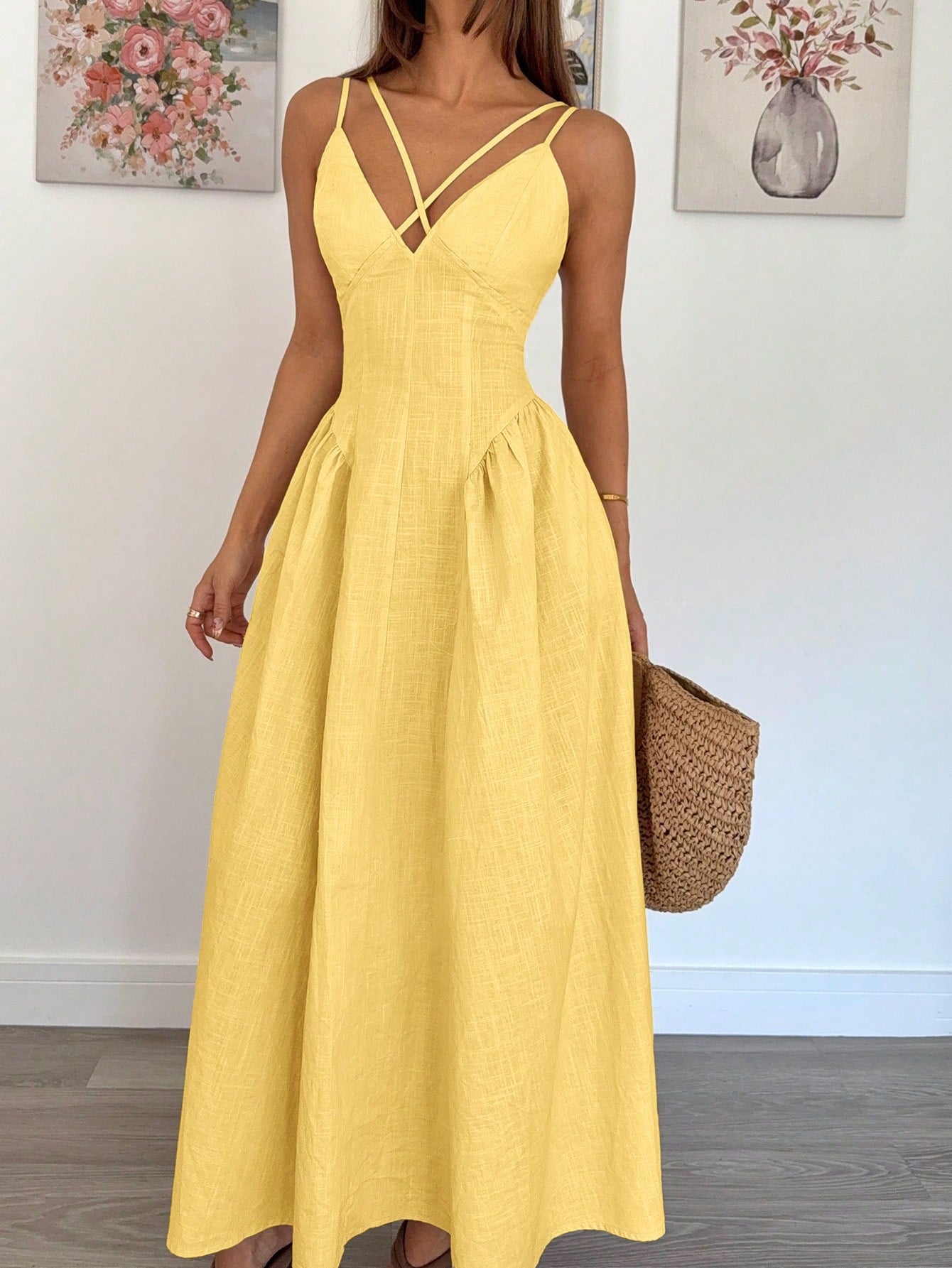 Siren Gaze Pale Yellow Summer Casual Holiday Vacation Women's Elegant Crossover Ruffle A-Line Long Dress,Old Money Style Teacher Outfits Wedding Guest