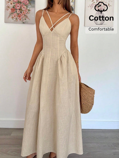 Siren Gaze Pale Yellow Summer Casual Holiday Vacation Women's Elegant Crossover Ruffle A-Line Long Dress,Old Money Style Teacher Outfits Wedding Guest