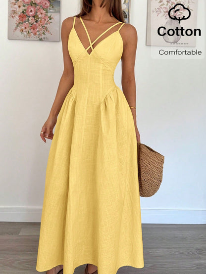 Siren Gaze Pale Yellow Summer Casual Holiday Vacation Women's Elegant Crossover Ruffle A-Line Long Dress,Old Money Style Teacher Outfits Wedding Guest