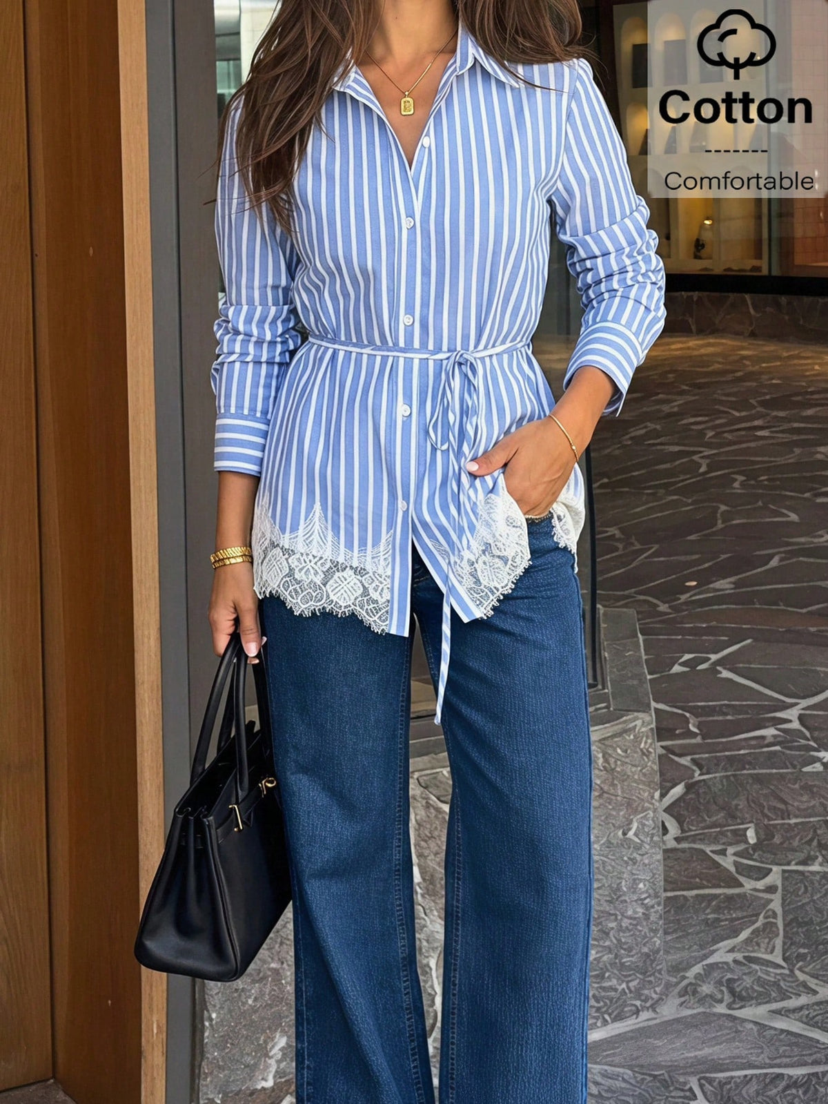 Siren Gaze Women's Light Blue And White Single-Breasted Lace Hem Casual Elegant Tropical Shirt Brunch Summer