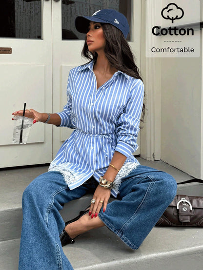 Siren Gaze Women's Light Blue And White Single-Breasted Lace Hem Casual Elegant Tropical Shirt Brunch Summer