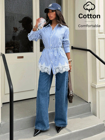 Siren Gaze Women's Light Blue And White Single-Breasted Lace Hem Casual Elegant Tropical Shirt Brunch Summer