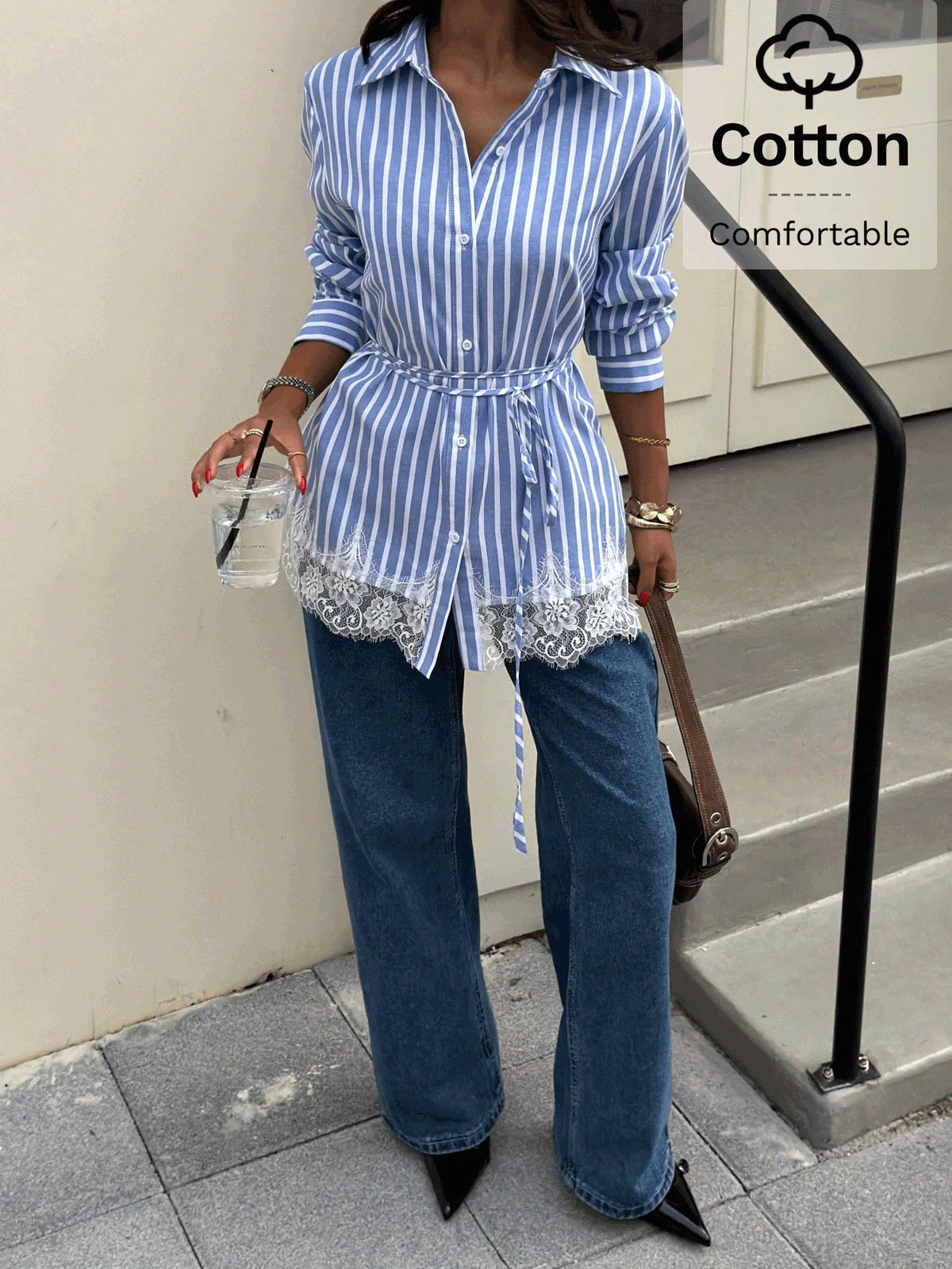 Siren Gaze Women's Light Blue And White Single-Breasted Lace Hem Casual Elegant Tropical Shirt Brunch Summer