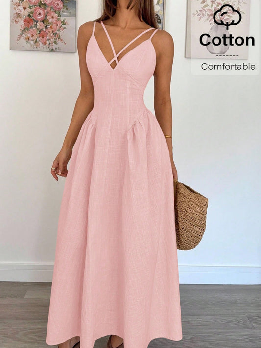 Siren Gaze Women's Solid Baby Pink Crossover Design Ruffle Elegant Dress,Old Money Style A-Line Long Skirt For Wedding Guest,Vacation Summer Casual Outfits