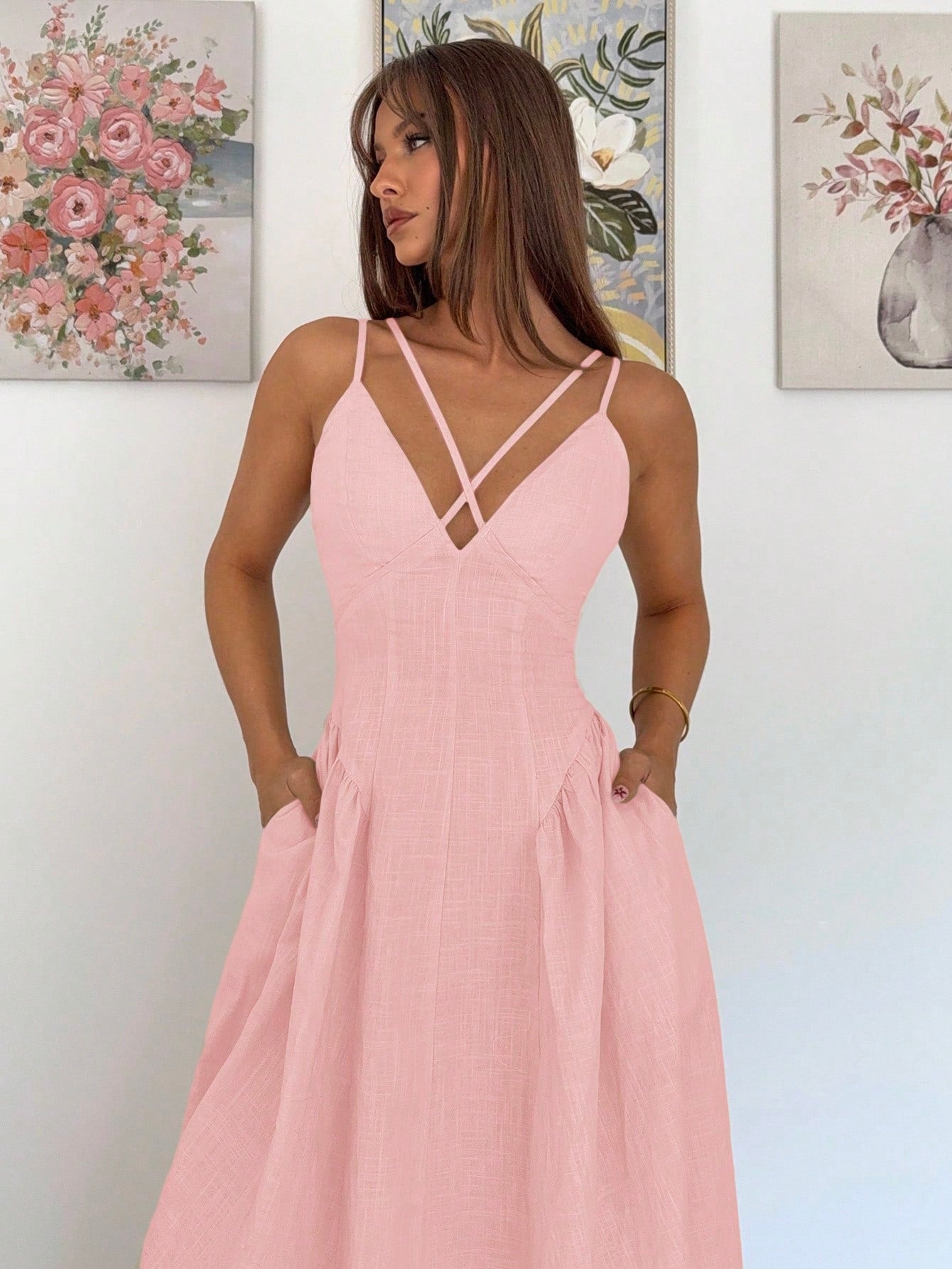 Siren Gaze Women's Solid Baby Pink Crossover Design Ruffle Elegant Dress,Old Money Style A-Line Long Skirt For Wedding Guest,Vacation Summer Casual Outfits