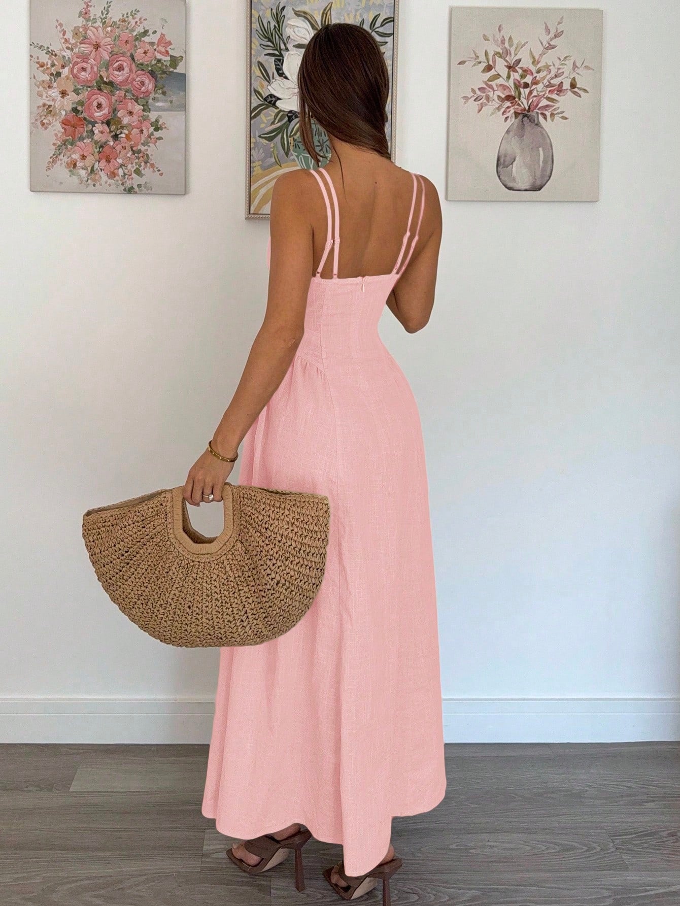 Siren Gaze Women's Solid Baby Pink Crossover Design Ruffle Elegant Dress,Old Money Style A-Line Long Skirt For Wedding Guest,Vacation Summer Casual Outfits