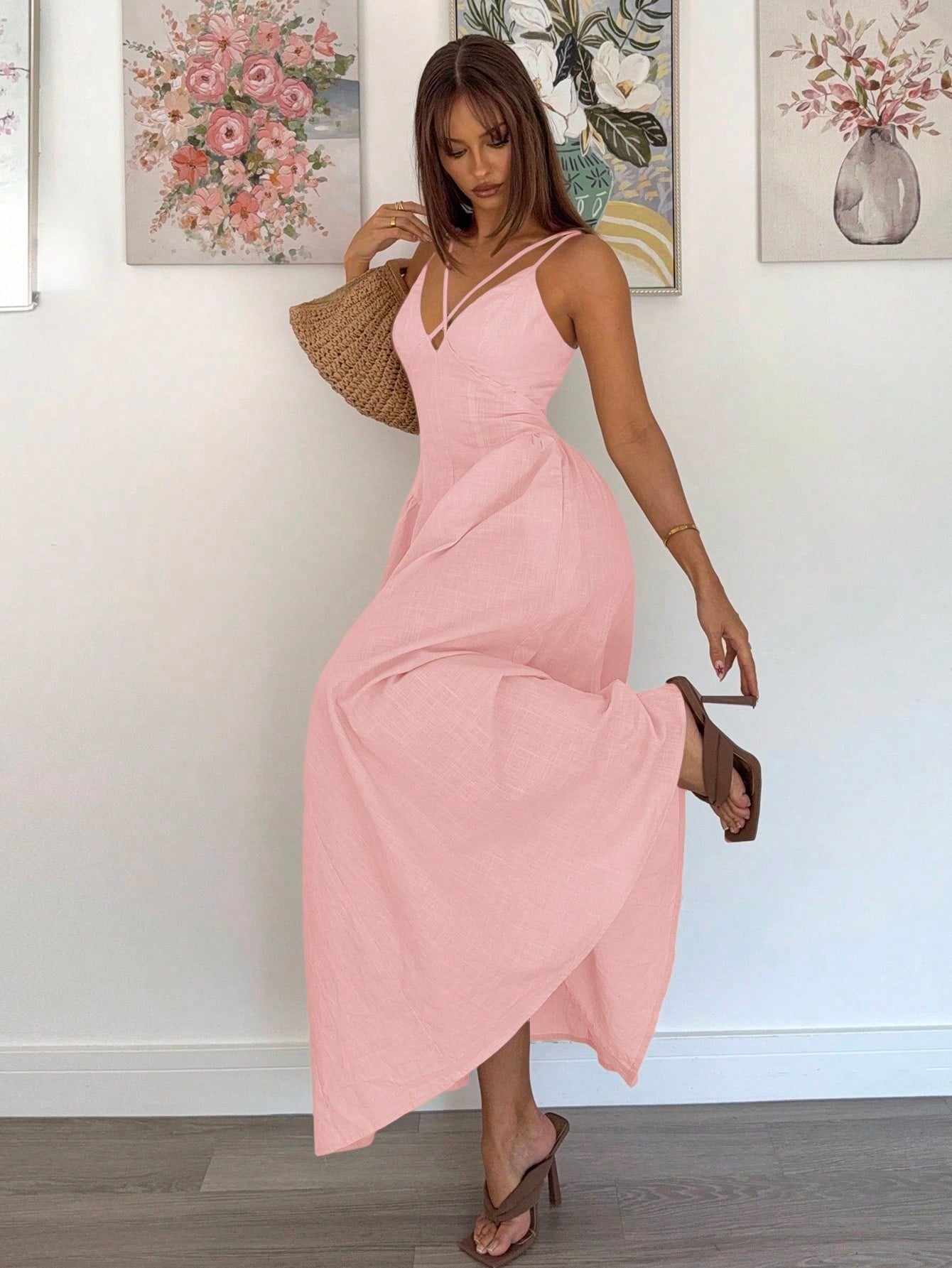 Siren Gaze Women's Solid Baby Pink Crossover Design Ruffle Elegant Dress,Old Money Style A-Line Long Skirt For Wedding Guest,Vacation Summer Casual Outfits