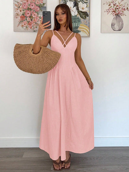Siren Gaze Women's Solid Baby Pink Crossover Design Ruffle Elegant Dress,Old Money Style A-Line Long Skirt For Wedding Guest,Vacation Summer Casual Outfits