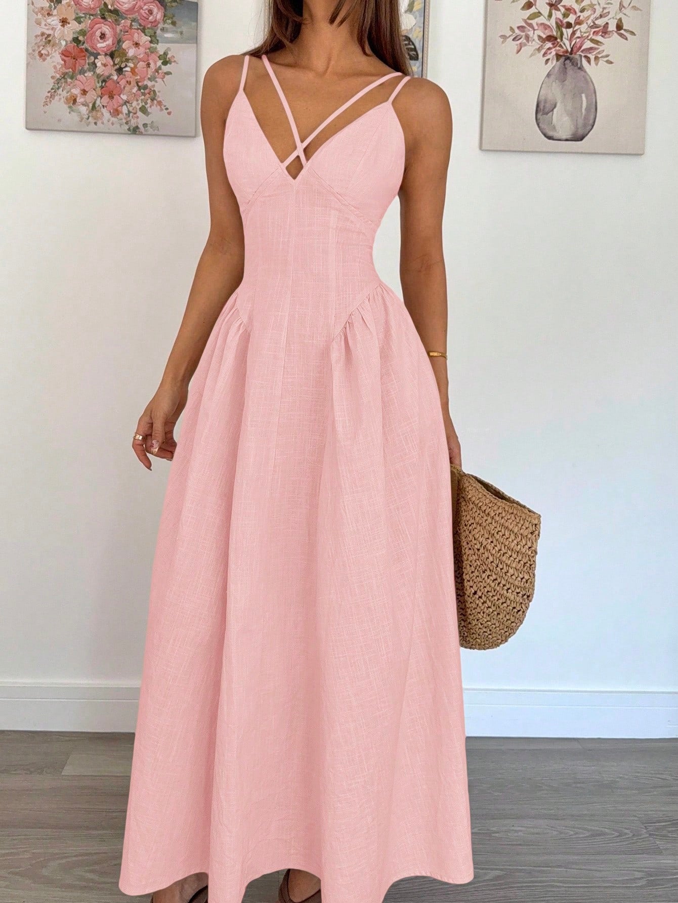 Siren Gaze Women's Solid Baby Pink Crossover Design Ruffle Elegant Dress,Old Money Style A-Line Long Skirt For Wedding Guest,Vacation Summer Casual Outfits