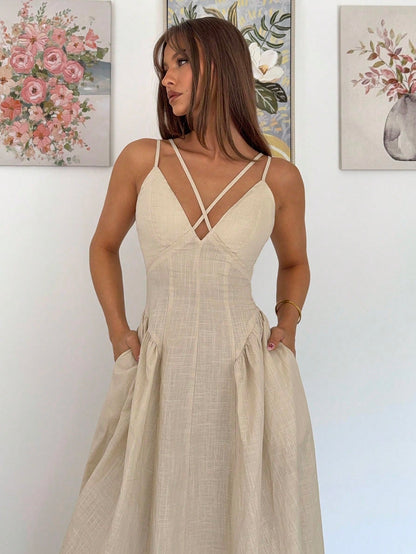 Siren Gaze Women's Solid Baby Pink Crossover Design Ruffle Elegant Dress,Old Money Style A-Line Long Skirt For Wedding Guest,Vacation Summer Casual Outfits