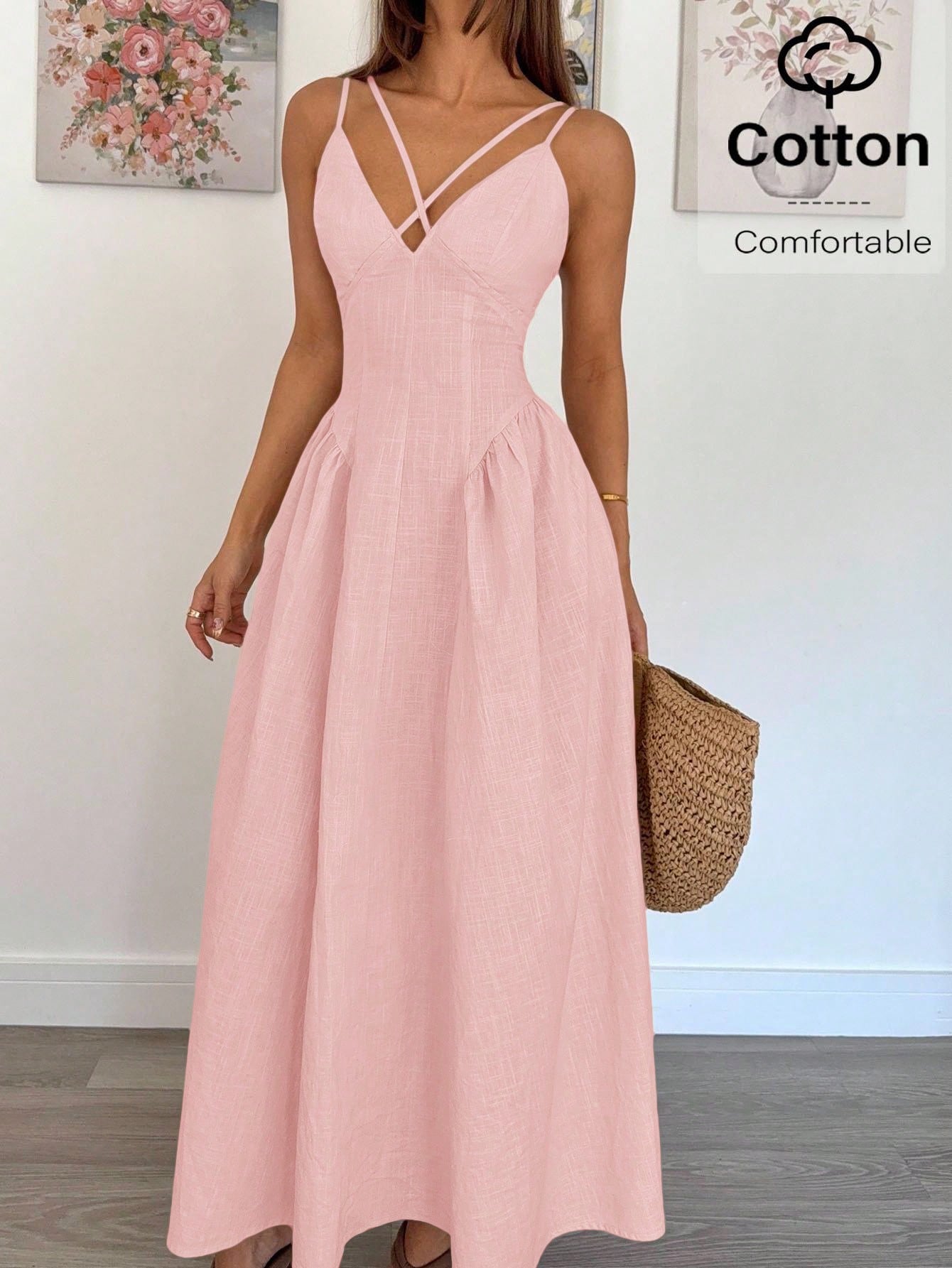 Siren Gaze Women's Solid Baby Pink Crossover Design Ruffle Elegant Dress,Old Money Style A-Line Long Skirt For Wedding Guest,Vacation Summer Casual Outfits