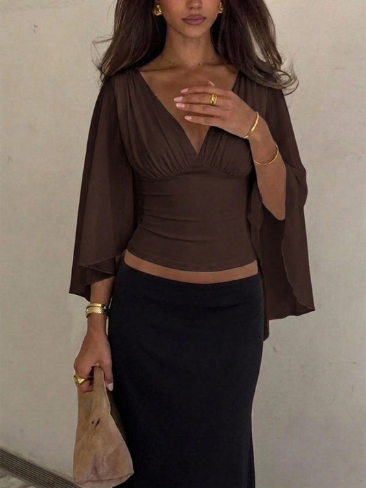 Siren Gaze Women's Solid Color Pleated Design Split Bell Sleeve Fashion Blouse Date Night Night Out Brown Summer Elegant