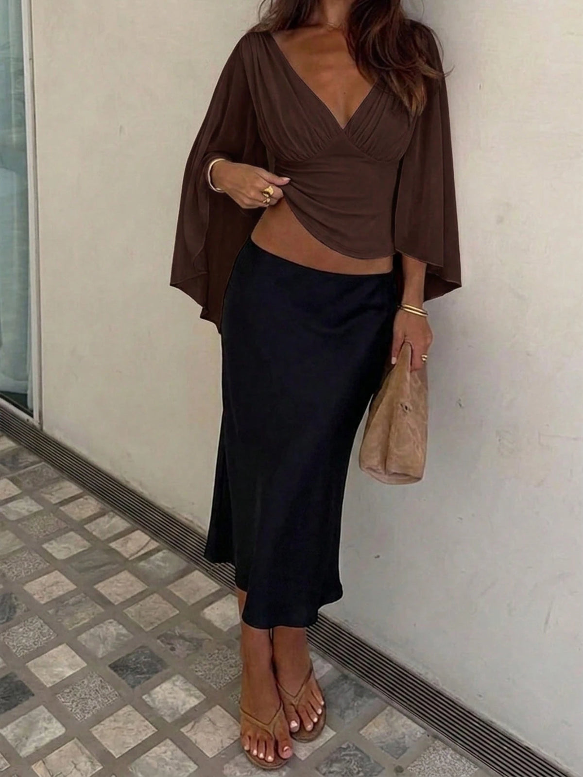 Siren Gaze Women's Solid Color Pleated Design Split Bell Sleeve Fashion Blouse Date Night Night Out Brown Summer Elegant