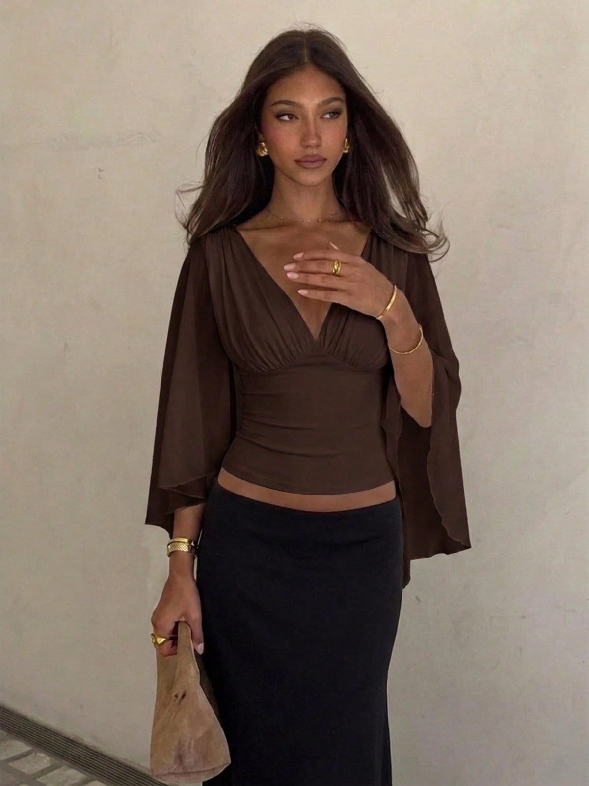 Siren Gaze Women's Solid Color Pleated Design Split Bell Sleeve Fashion Blouse Date Night Night Out Brown Summer Elegant