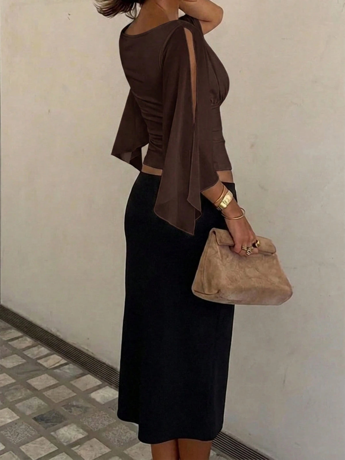 Siren Gaze Women's Solid Color Pleated Design Split Bell Sleeve Fashion Blouse Date Night Night Out Brown Summer Elegant
