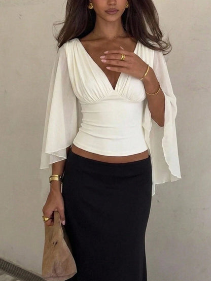 Siren Gaze Women's Solid Color Pleated Design Split Bell Sleeve Fashion Blouse Date Night Night Out Brown Summer Elegant