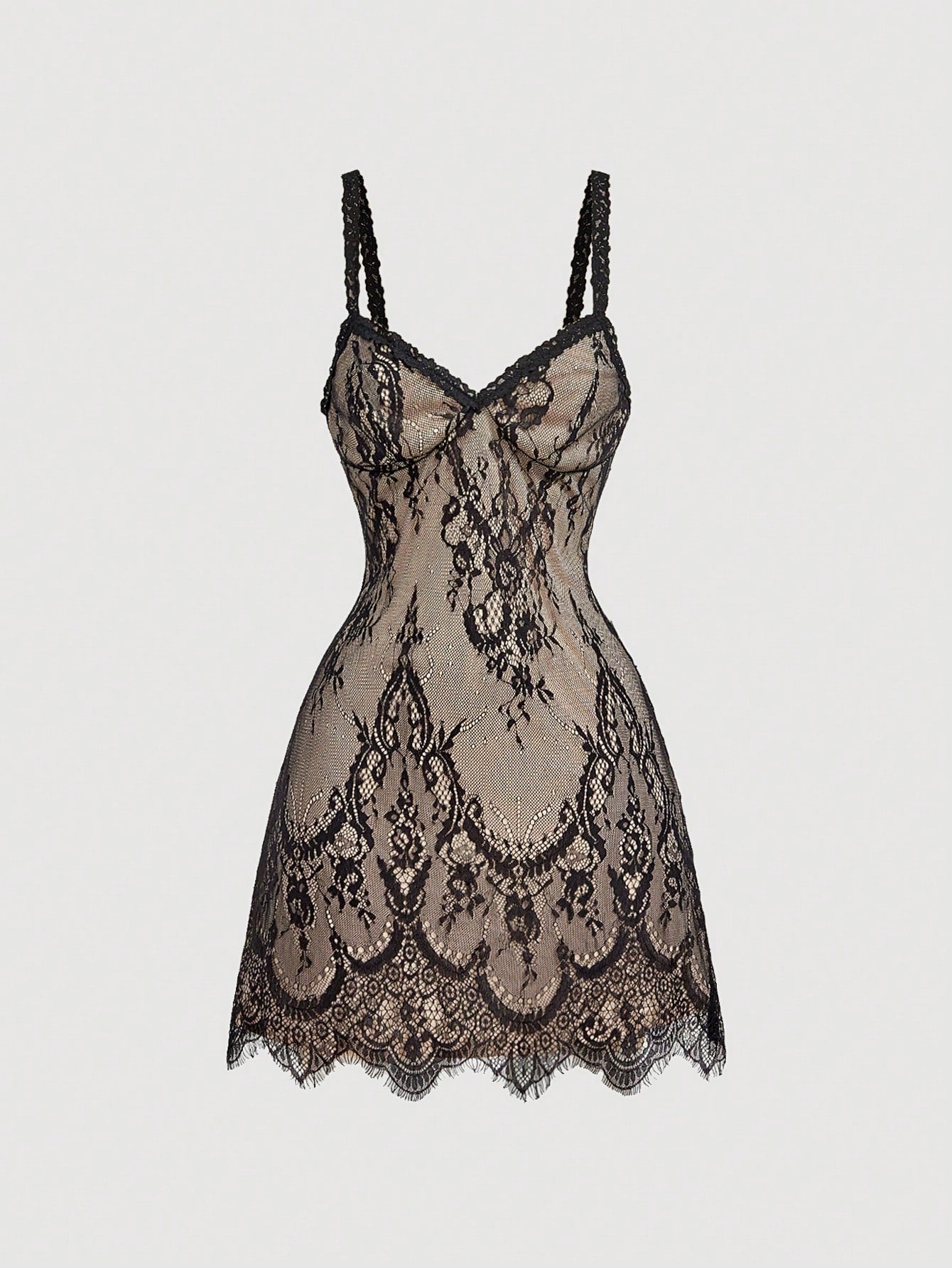 Skyraze Beige Lace Floral Lace Slip Dress, Summer, Seductive, Holiday, Vacation, Sheer Overlay, Scalloped Eyelash Hem, Adjustable Straps, Mini Length Party