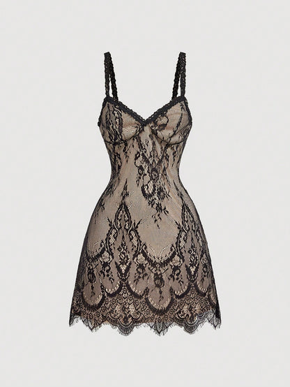 Skyraze Beige Lace Floral Lace Slip Dress, Summer, Seductive, Holiday, Vacation, Sheer Overlay, Scalloped Eyelash Hem, Adjustable Straps, Mini Length Party