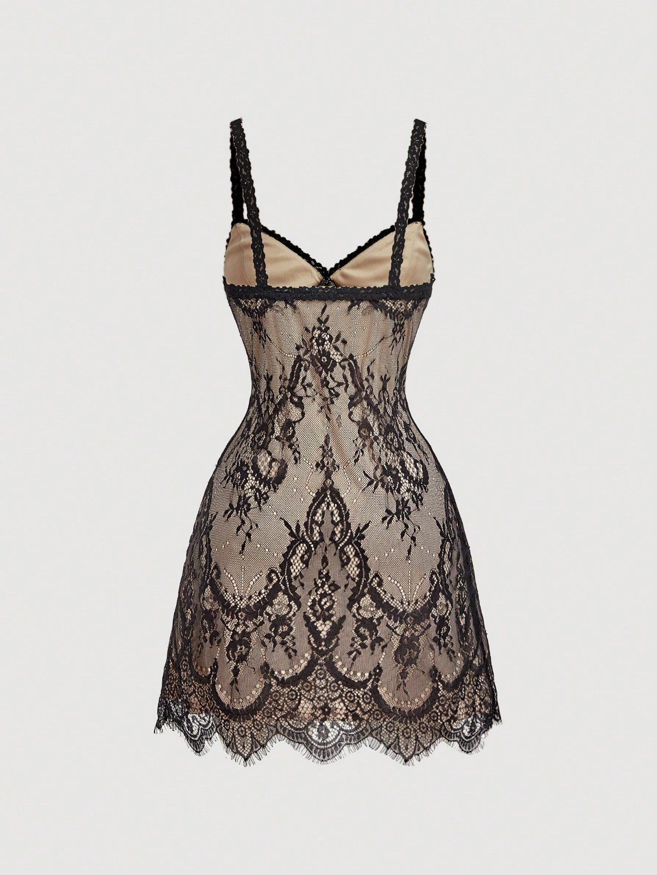 Skyraze Beige Lace Floral Lace Slip Dress, Summer, Seductive, Holiday, Vacation, Sheer Overlay, Scalloped Eyelash Hem, Adjustable Straps, Mini Length Party