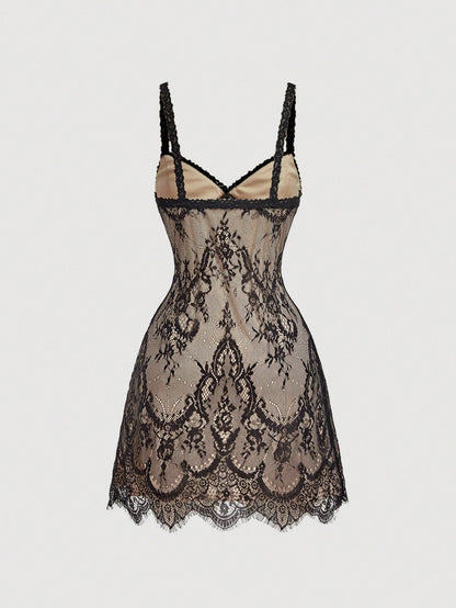 Skyraze Beige Lace Floral Lace Slip Dress, Summer, Seductive, Holiday, Vacation, Sheer Overlay, Scalloped Eyelash Hem, Adjustable Straps, Mini Length Party