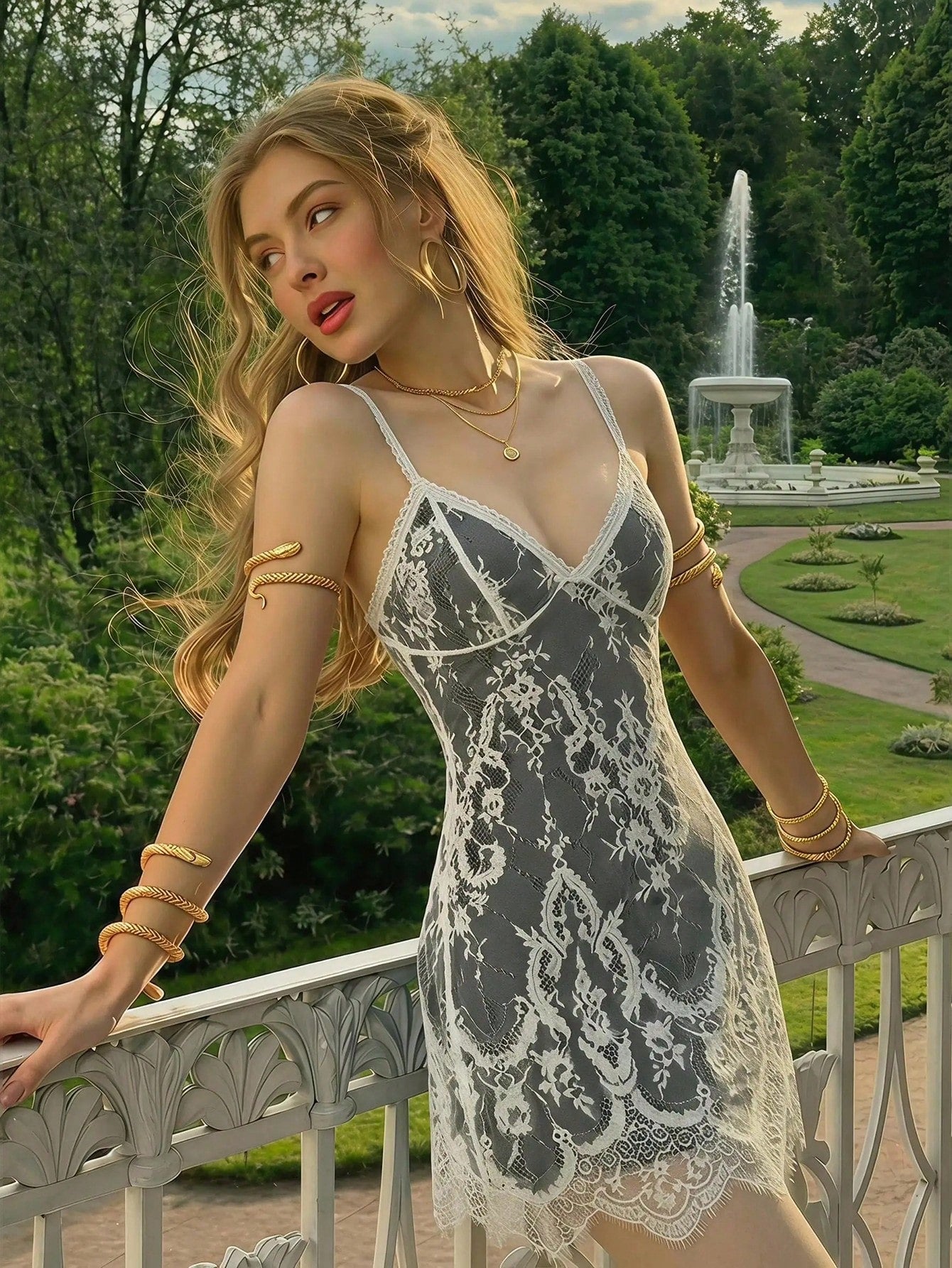 Skyraze Beige Lace Floral Lace Slip Dress, Summer, Seductive, Holiday, Vacation, Sheer Overlay, Scalloped Eyelash Hem, Adjustable Straps, Mini Length Party