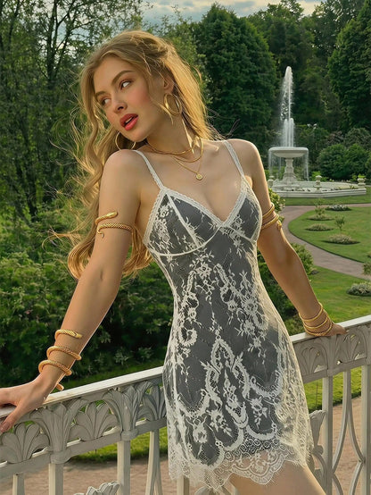 Skyraze Beige Lace Floral Lace Slip Dress, Summer, Seductive, Holiday, Vacation, Sheer Overlay, Scalloped Eyelash Hem, Adjustable Straps, Mini Length Party