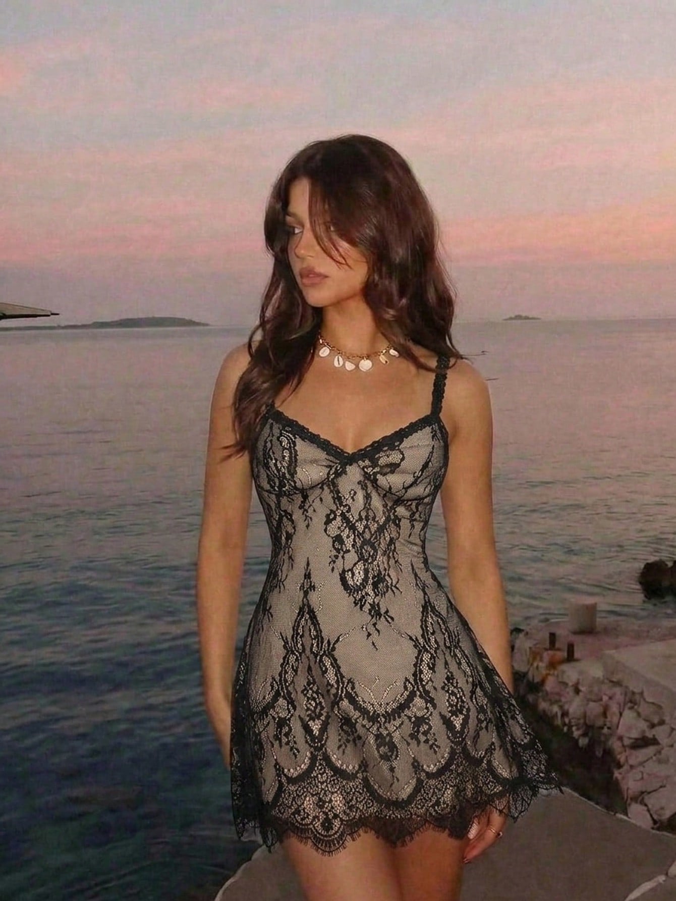 Skyraze Beige Lace Floral Lace Slip Dress, Summer, Seductive, Holiday, Vacation, Sheer Overlay, Scalloped Eyelash Hem, Adjustable Straps, Mini Length Party